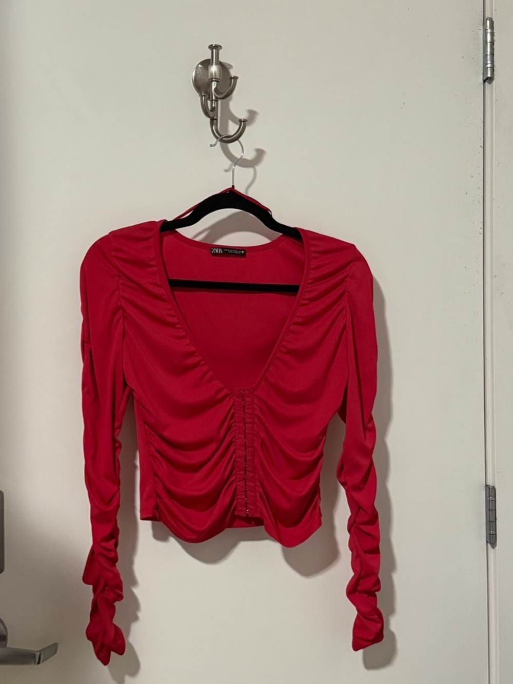 Zara Hot Pink Ruched V-Neck Long Sleeve Top
